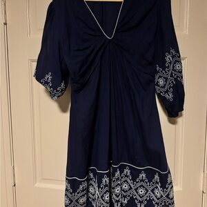 Elegant Navy Blue Long Sleeve Dress with deep V white stitching size L.
